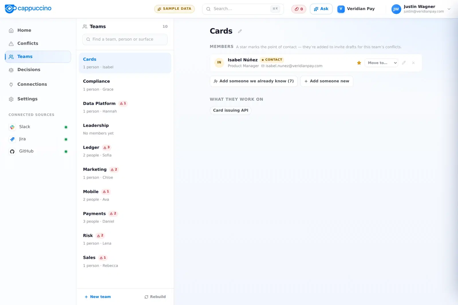 The Teams page, showing members of the Ledger team with a point of contact starred.